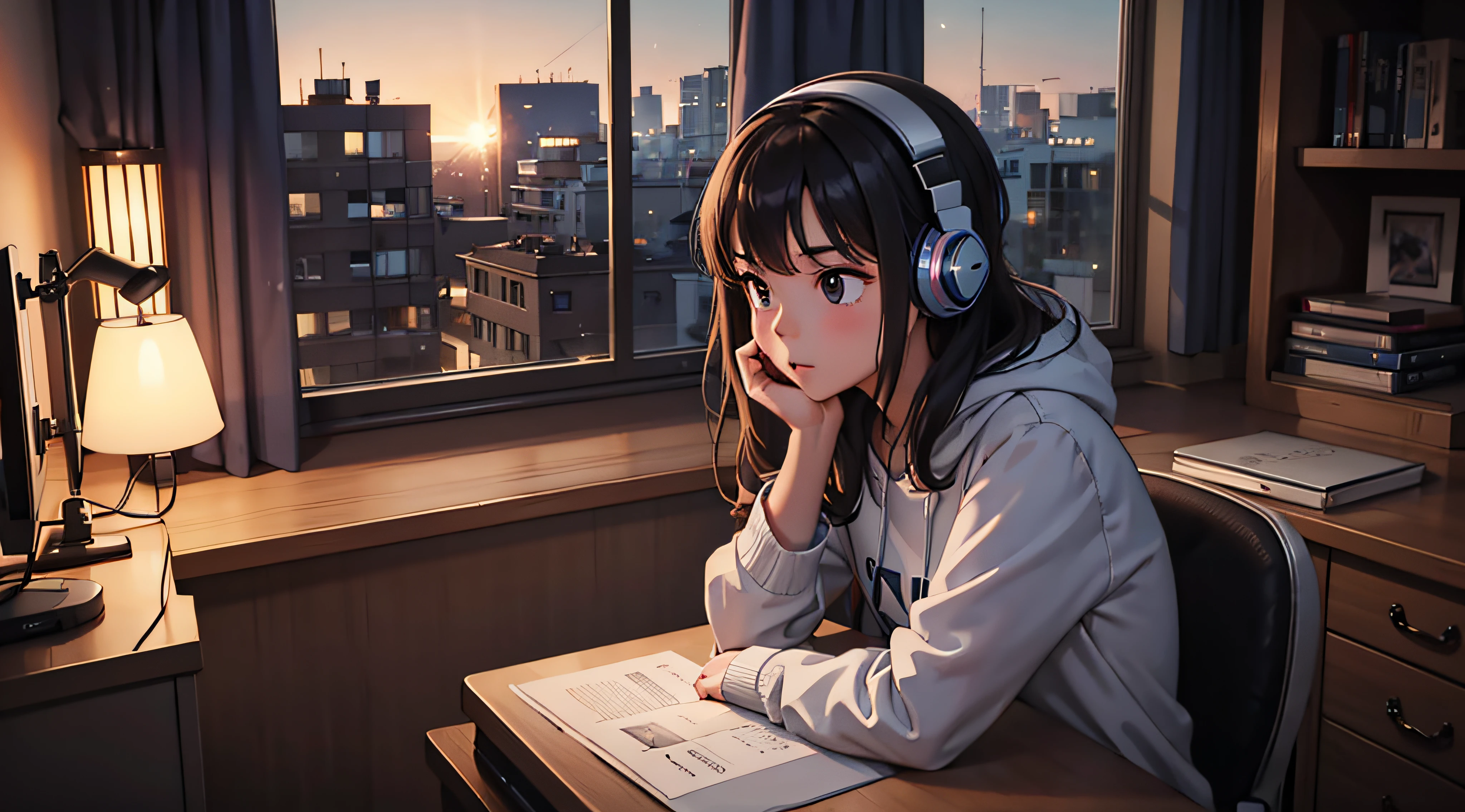 Young girl, sentada en su escritorio, usando auriculares de jugador, in her bedroom, Hacer los deberes, junto a una ventana, dimly lit room, Es de noche, contenido de alto detalle, 8k, Estilo Lofi