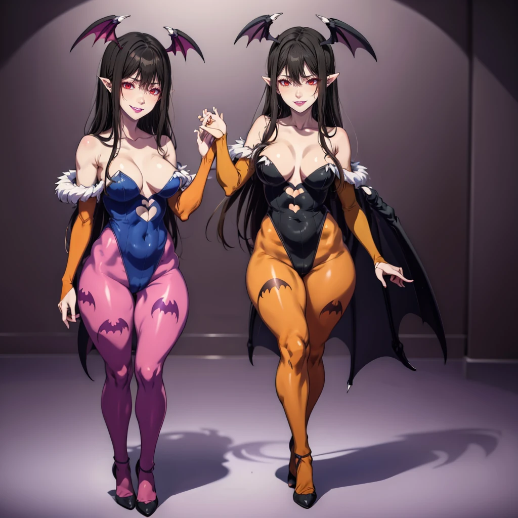 anatomically correct, best quality, masterpiece, high quality, high details, highres, HD, (shaded face:1.2), hollow eyes, red eyes, looking at viewer, heavy breathing, smirk, upper teeth, purple lips, black hair, long hair, pointy ears, highleg leotard, print pantyhose, bat print, head wings, bat wings, bridal gauntlets, standing, walking,