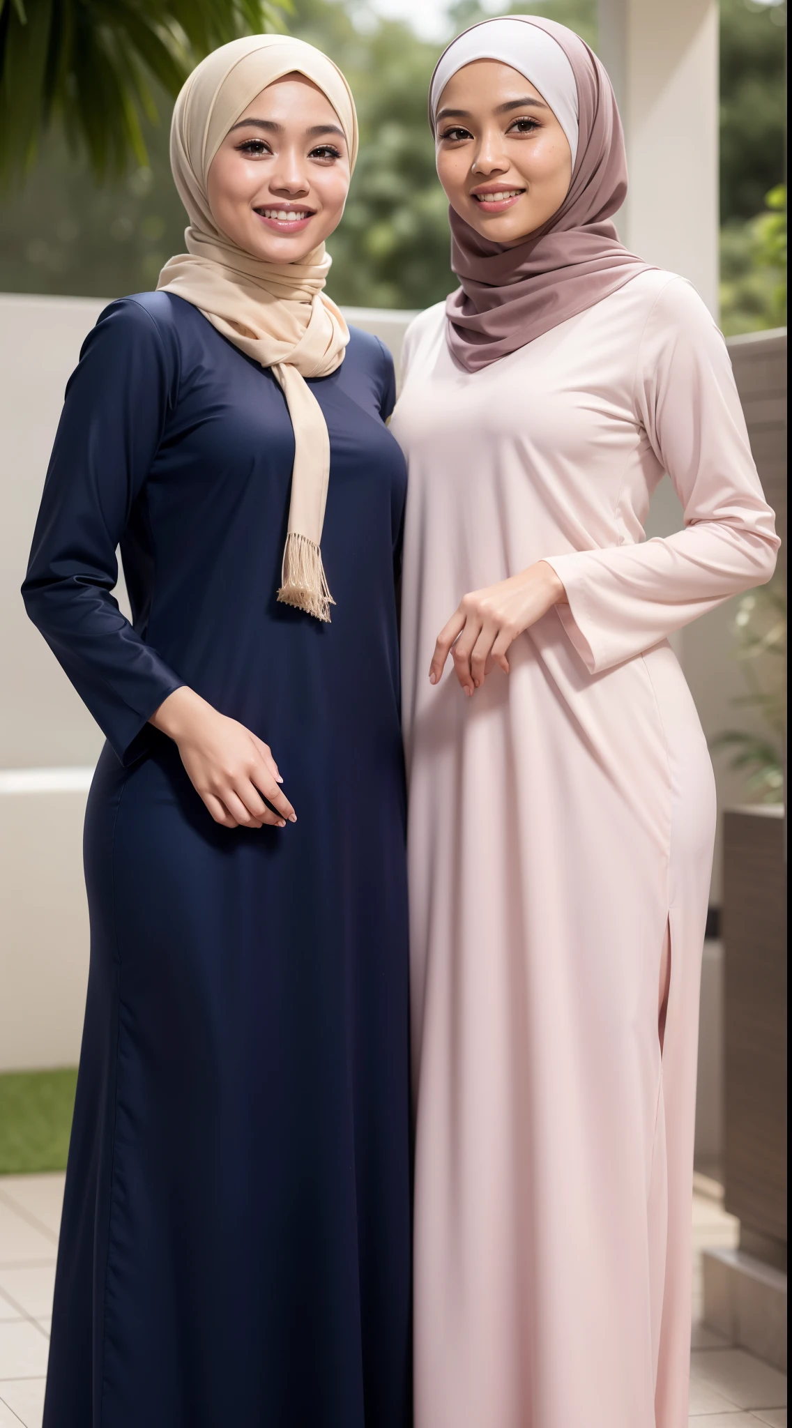 Two Malay girl in hijab wear baju kurung, pastel color, seating, front view, detail skin, detail skin texture, mole below eyes, big breast, big hip, big waist, big thigh, slim abs, beautiful body, evening, laughing, happy, bright lighting, blur background, bokeh,