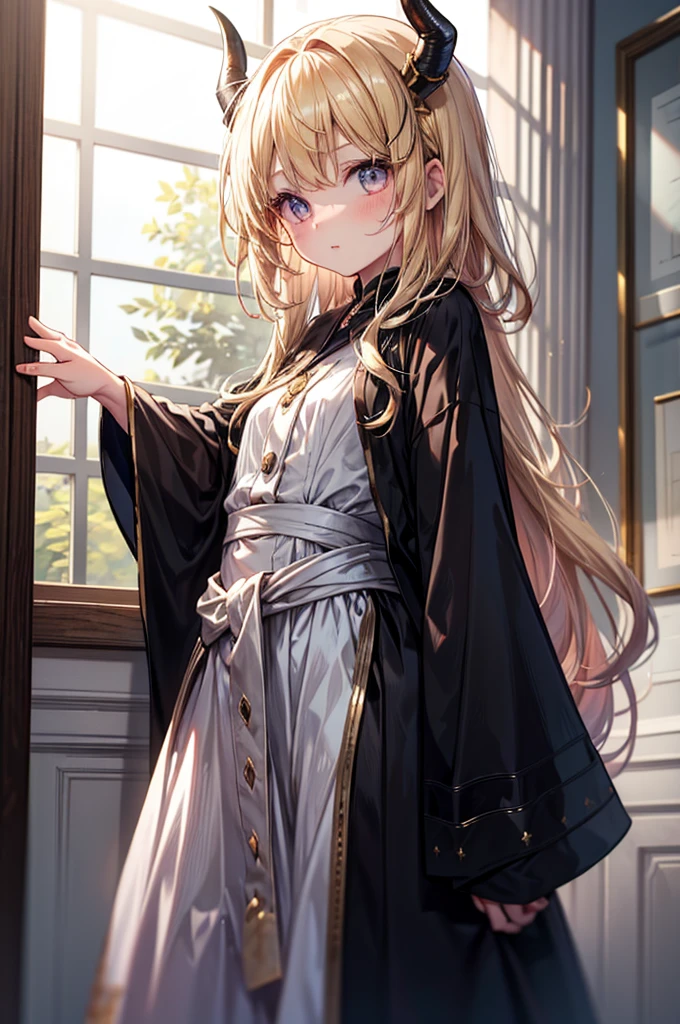 a little girl had long, golden blonde hair that hung down to her waist in soft waves. golden orbs eyes that shone bright like the sun. She looked to be about five or six years old, two black horns that jutted out from the side of her head, She had small, delicate features, with a tiny button nose and rosy pink lips. Her hair was tangled and messy, and there were a few strands sticking up here and there like soft feathers. She was dressed in a simple black robe, which draped over her small frame in a way that made her look even tinier.