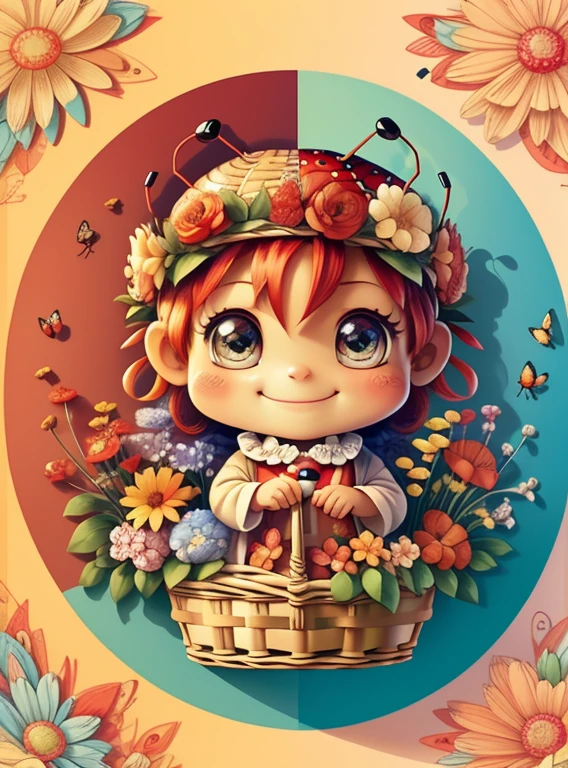 (cute red ladybug smiling with basket of flowers and butterflies), Munchkin ,Geometric multidimensional wall portrait, livro de arte, Tchibi,
Yang08k, Beautiful, Colouring,
Obras, of the highest quality, best quality, Arte Oficial, Beautiful and Aesthetic,