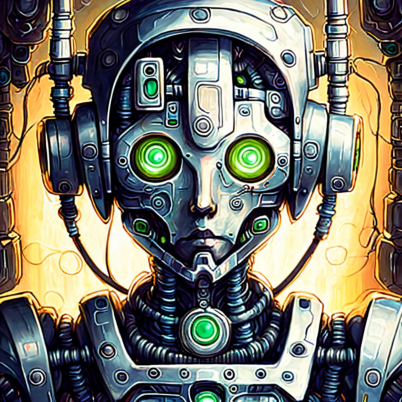 foto, a painting of a robot's face with details and green eyes