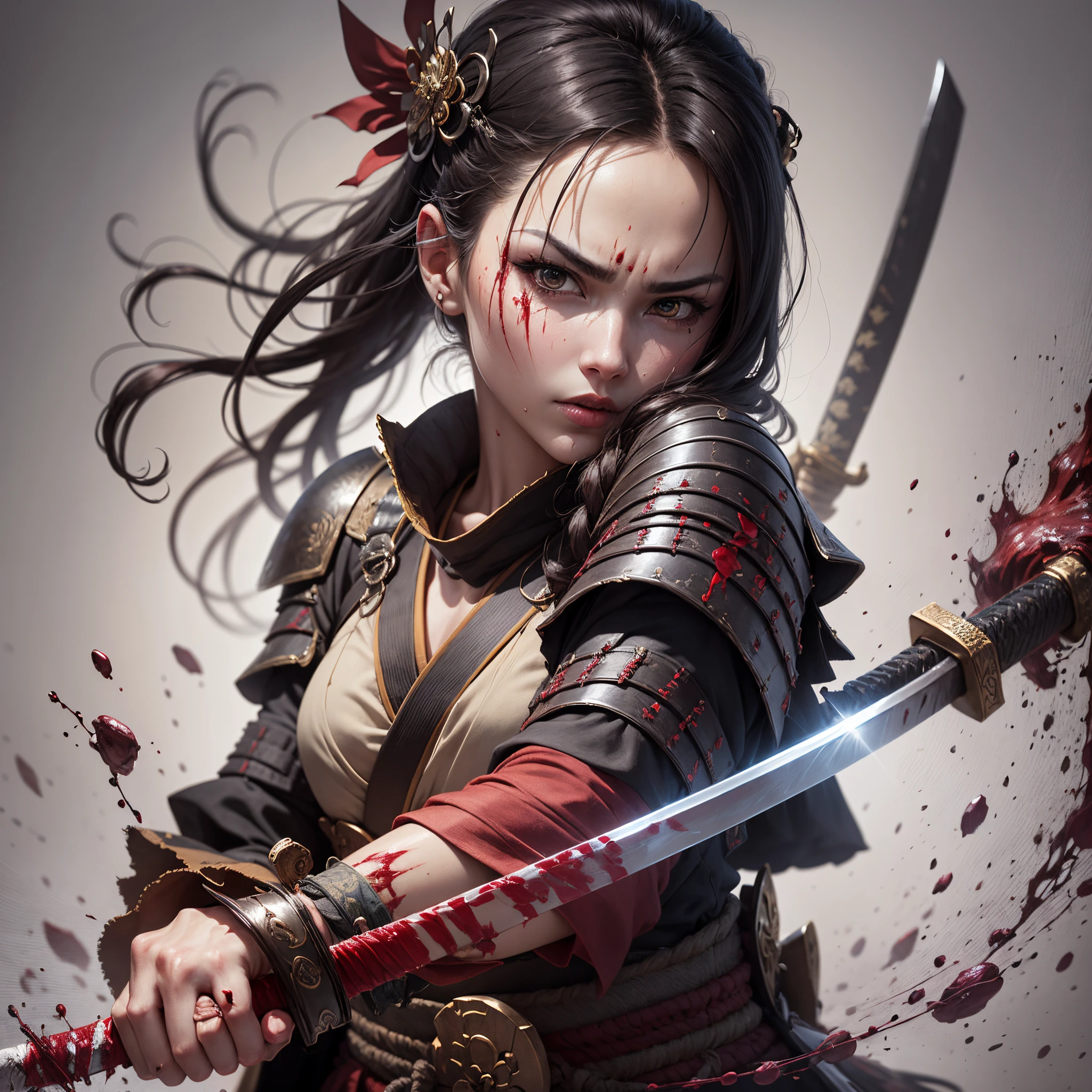 woman, samurai, realistic, hd, katana with blood, fight against demon --auto --s2