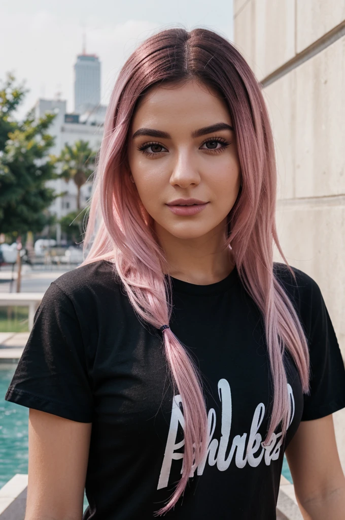 a full white instagram influencer with dark pink hairs, wearing black tee shirt, realistic photography,photorealistic