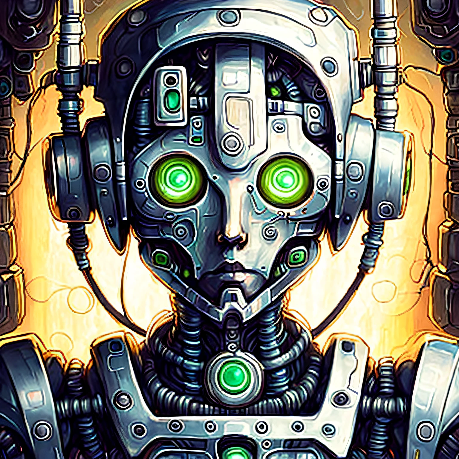 fotografia, a painting of a robot'rosto com detalhes e olhos verdes