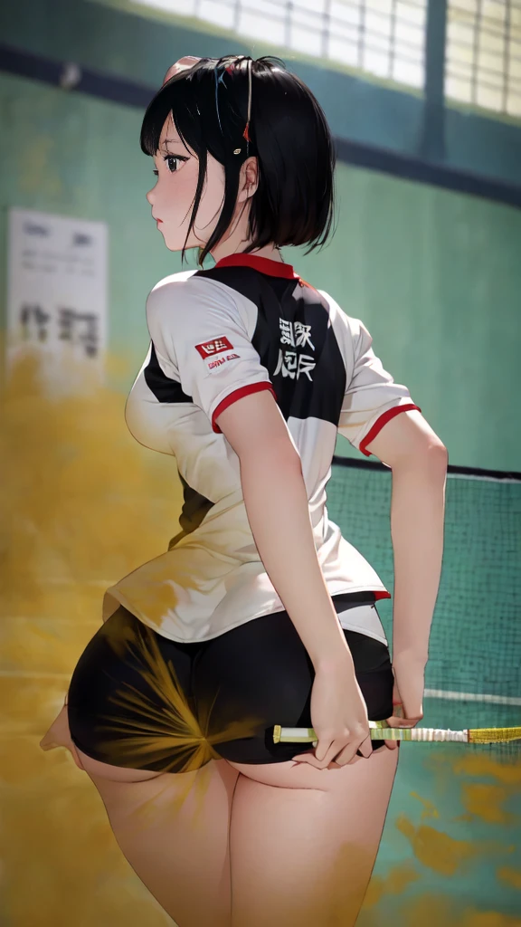 ((velocity)),Attacked by farts, (((Women farting))),(girl farting while played badminton)),frowned,velocity,(a female badminton athlete),(wearing a badminton jersey),(facing the screen),(her butt facing the screen)) (short hair black hair),(Asian woman),(badminton court),(masterpiece:1.2、top-quality)、(the Extremely Detailed CG Unity 8K Wallpapers、ultra-detailliert、Best Shadows)、(细致背景)、(The best lighting、extremely delicate and beautiful)、depth of fields、1girl in、独奏、upward looking gaze、