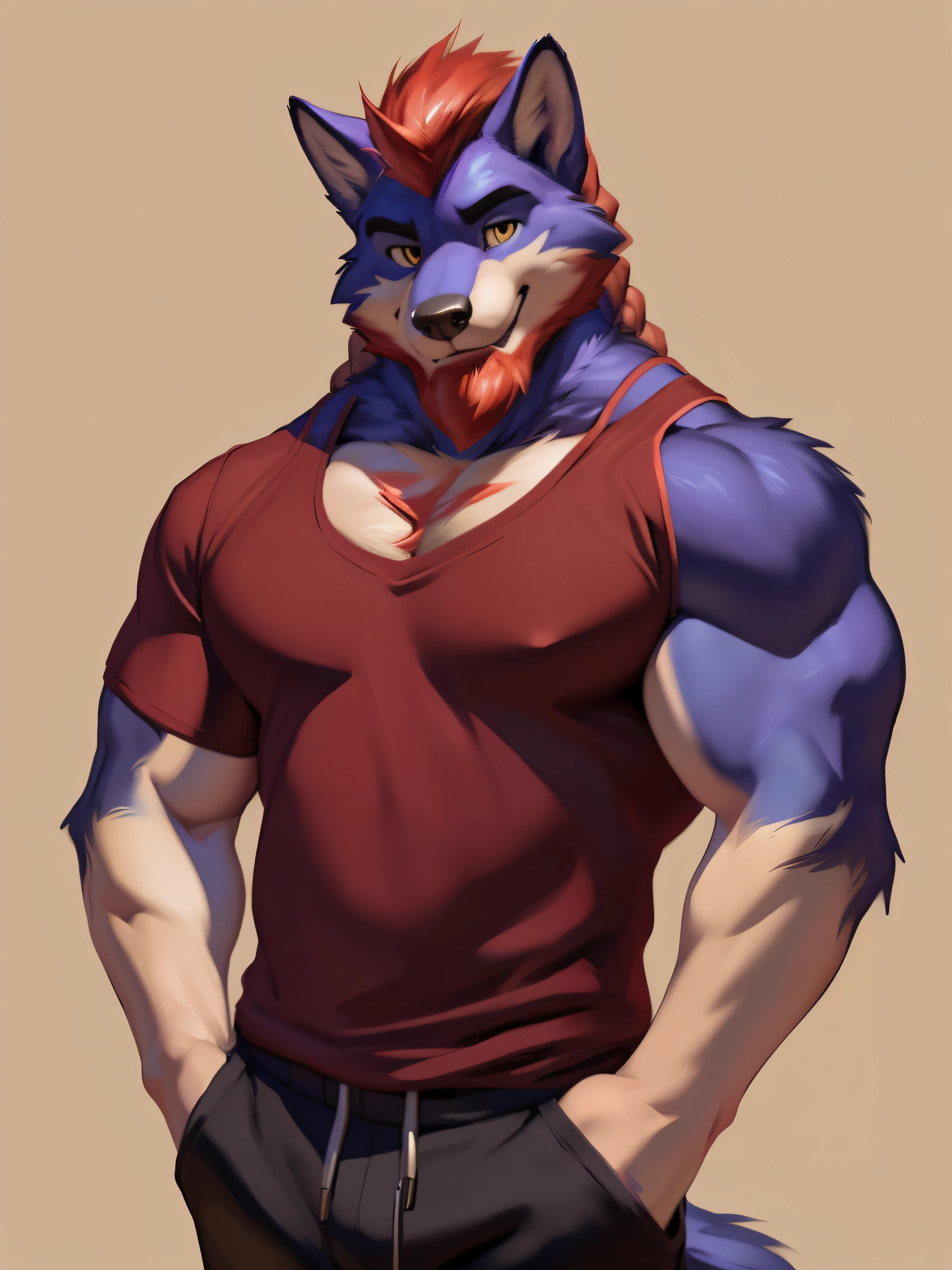 (by zackary911, by chunie, (by meesh:1.1), by null-ghost, by sigma x), Solo, standing, (Big muscles:1.3), wolf, (indigo fur:1.4), beige muzzle, beige chest, beige belly, two-toned arms, Red hair, (twin battle braids), (braids on chest), red mohawk, yellow eyes, (full red beard), (red beard1.6), thick red eyebrows, looking at viewer, muscular male, red shirt, t-shirt, black baggy pants, absurdres, high quality, wide dynamic view, detailed eyes, black pupils, white simple background, waist-up bust