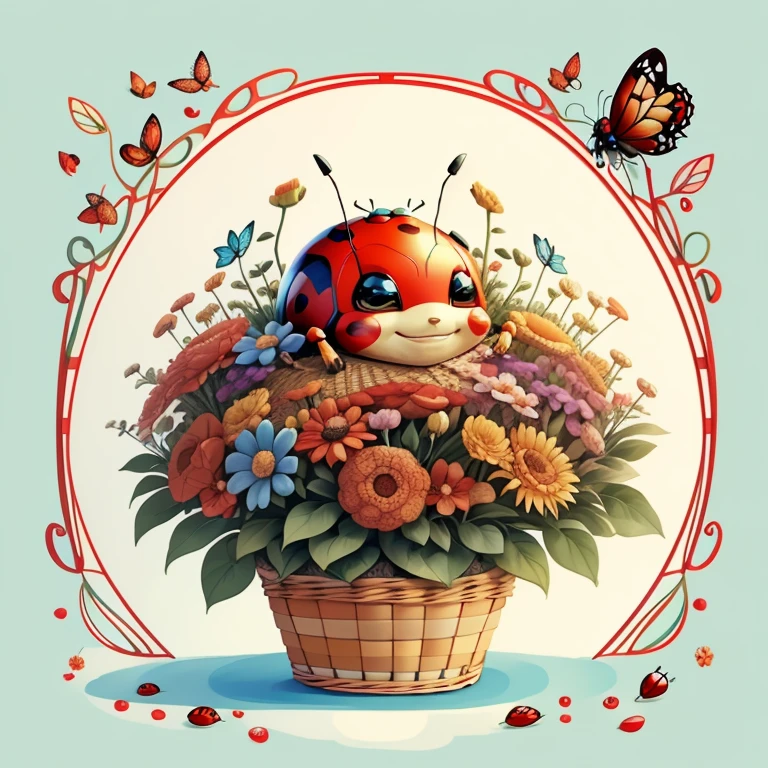 (cute red ladybug smiling with basket of flowers and butterflies), Munchkin ,Geometric multidimensional wall portrait, livro de arte, Tchibi,
Yang08k, Beautiful, Colouring,
Obras, of the highest quality, best quality, Arte Oficial, Beautiful and Aesthetic,