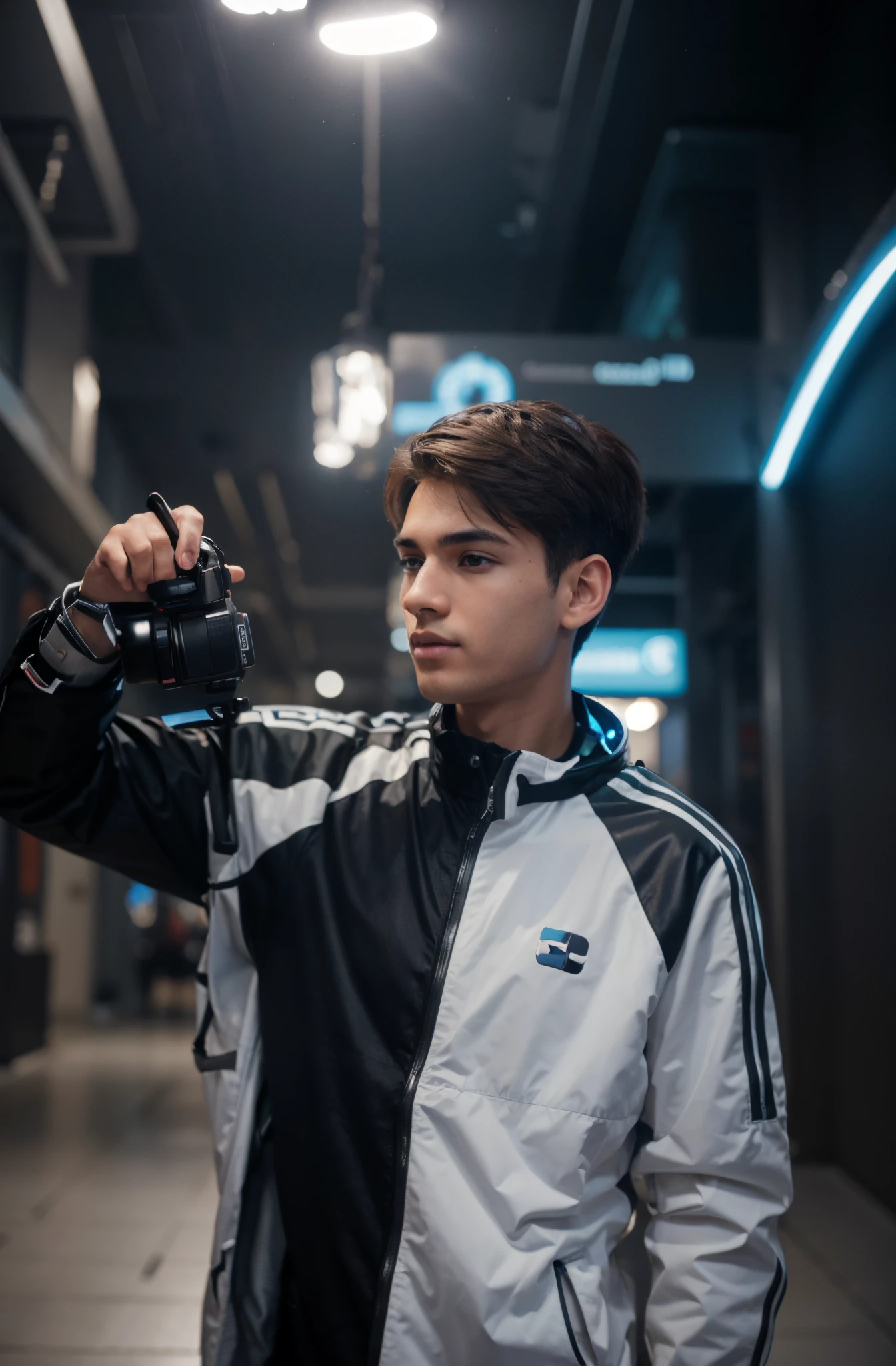 Boy with camera futuristic background Handsome boy realistic face 8k ultra same colour