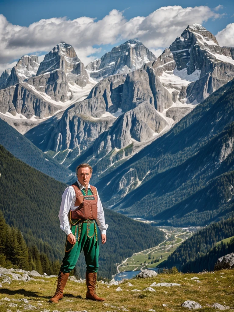 (full body shot, ultra-detailed, best quality, photorealistic:1.37, 4k, realistic, portrait, photography, Tim Roth, iconic pose, dressed with Tyrolean lederhosen costume, detailed facial features, Alps in the background, vibrant colours, 35mm)