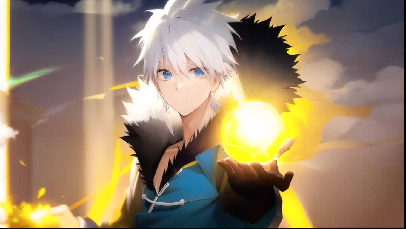 a man with white hair holding a shiny ball in his yellow hand, Killua Zoldyck, killua zoldyck cabelo preto, um louco de cabelos prateados, Killua Zoldyck Retrato, ray of light through white hair, an epic anime of a energy man, Katekyo Hitman Renascido, Poderes de fogo amarelo, cabelos brancos, roupa azul, olhos castanhos claros, yellow energy ball in hand