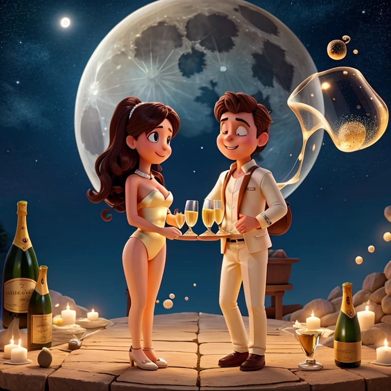 full moon night with a giant champagne glass full of gas bubbles where two people are diving into the champagne