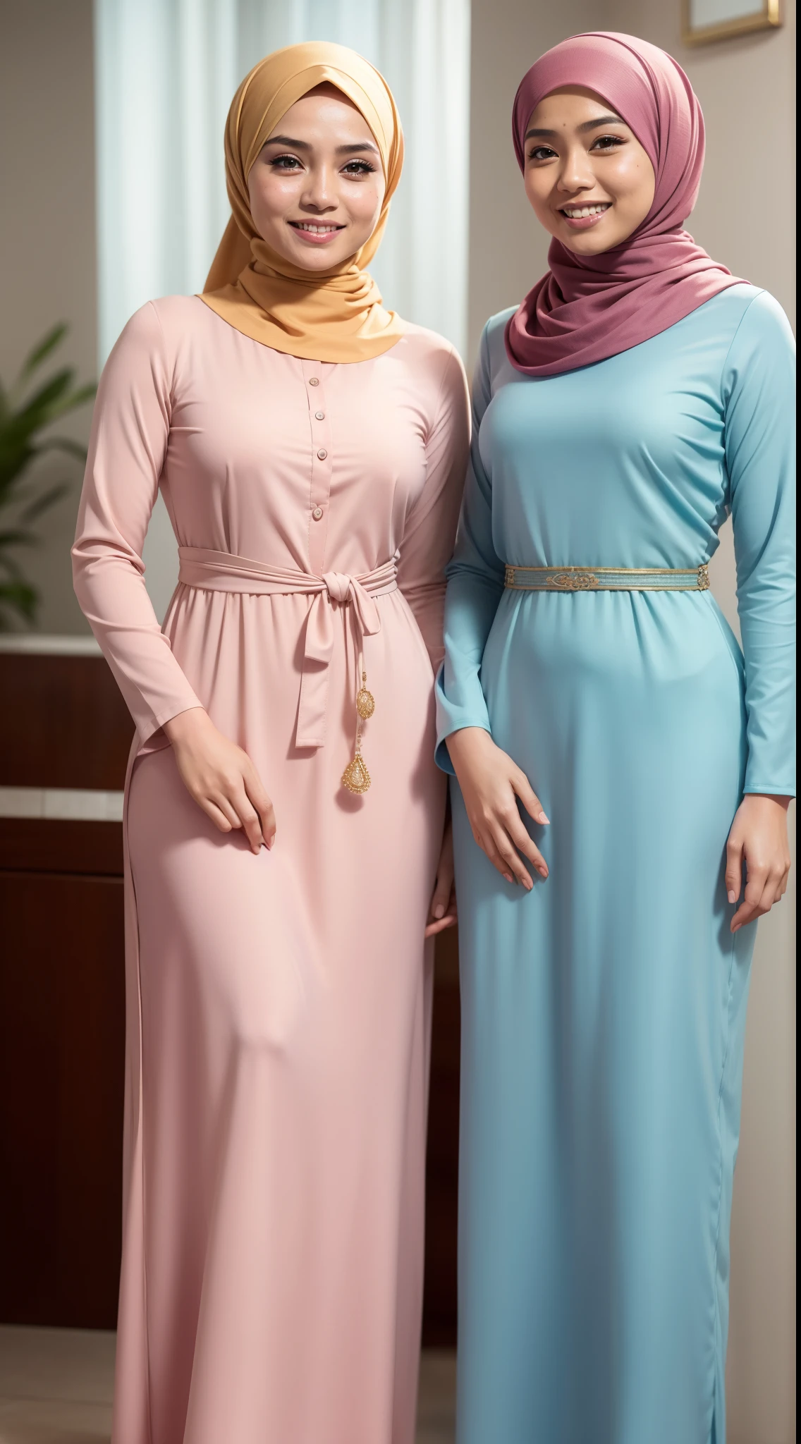 Two Malay girl in hijab wear baju kurung, pastel color, seating, front view, detail skin, detail skin texture, mole below eyes, big breast, big hip, big waist, big thigh, slim abs, beautiful body, evening, laughing, happy, bright lighting, blur background, bokeh,