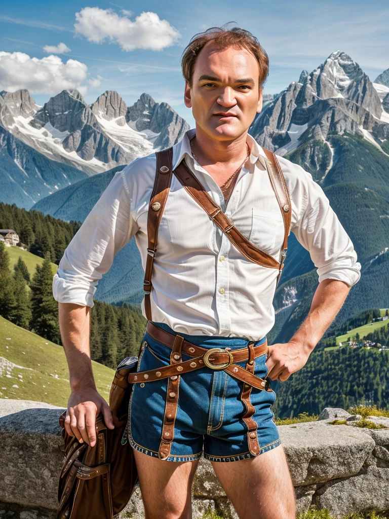 (full body shot, ultra-detailed, best quality, photorealistic:1.37, 4k, realistic, portrait, photography, Quentin Tarantino, iconic pose, dressed with Tyrolean lederhosen costume shorts, detailed facial features, Alps in the background, vibrant colours, 35mm)