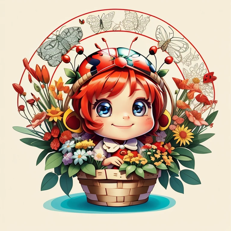 (cute red ladybug smiling with basket of flowers and butterflies), Munchkin ,Geometric multidimensional wall portrait, livro de arte, Tchibi,
Yang08k, Beautiful, Colouring,
Obras, of the highest quality, best quality, Arte Oficial, Beautiful and Aesthetic,