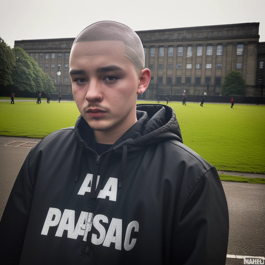 masterpiece, best quality, 1boy, 30 year old, chav, rough, dirty, Mancunian, mean, bully, druggie, skinhead, (park background), realistic, dramatic lighting, atmospheric, intricate detail