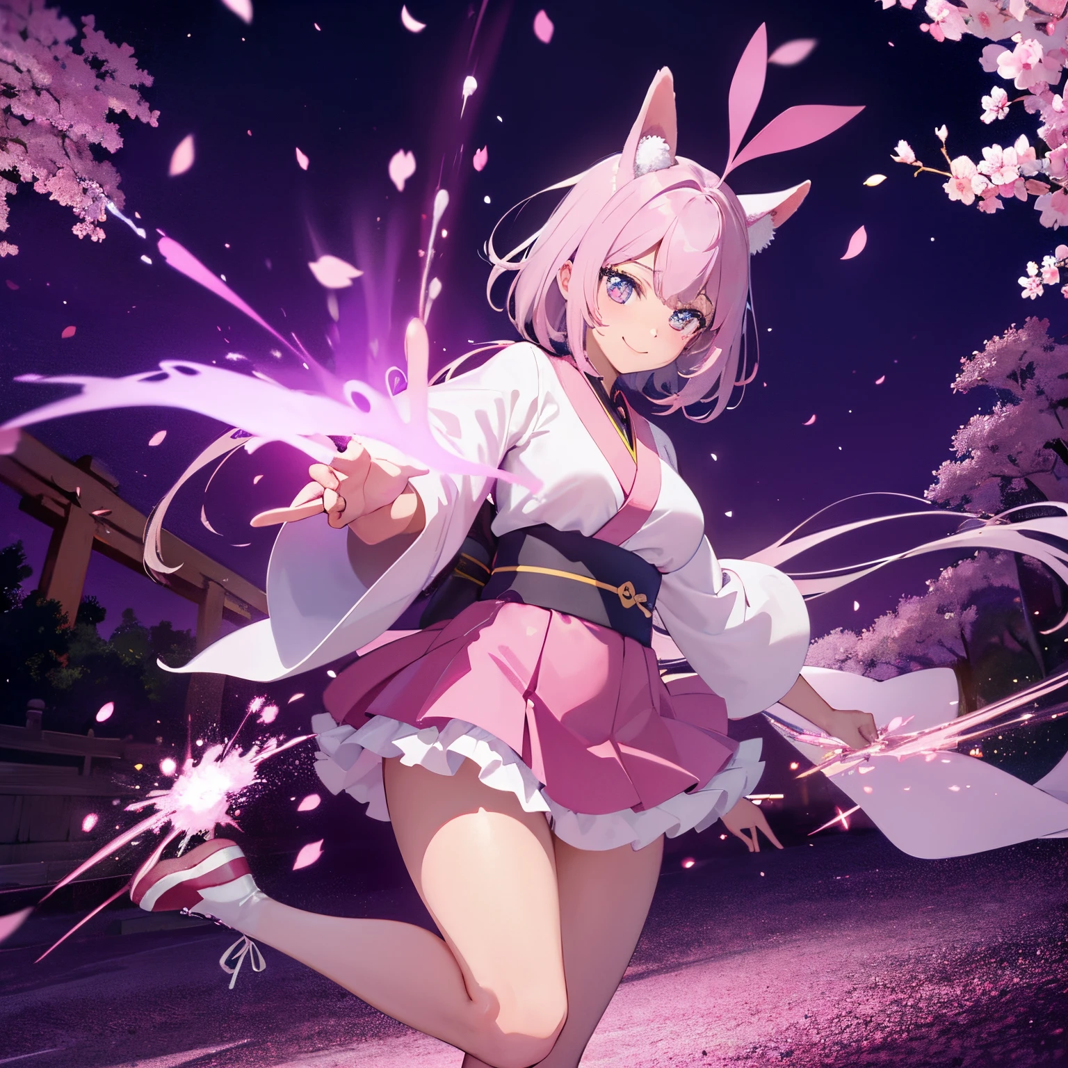 Dark skinned anime girl with natural, fluffy bunny ears, jumping out of a Torii gate with a magical aura and a cherry blossom forest in the background, smiling with a cute pose, wearing a pink flowery kimono, snow white hair mixed with glowing strands neon pink, gorgeous tan skin, a pink left eye and a blue right eye. Sakura petal tattoos on her cheeks. beautiful sexy anime pose, inspired by Bian Shoumin, official illustration, shigenori soejima illustration, anime portrait of a beautiful girl, two separate colored eyes, official art, official character illustration, sexy anime girl mixed pink and white short haired girl with bunny ears, official character art, highly detailed exquisite fanart