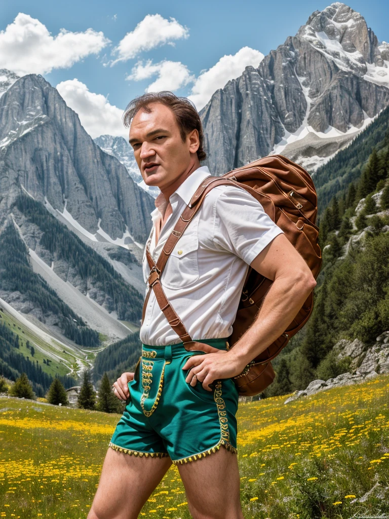 (full body shot, ultra-detailed, best quality, photorealistic:1.37, 4k, realistic, portrait, photography, Quentin Tarantino, iconic pose, dressed with Tyrolean lederhosen costume shorts, detailed facial features, Alps in the background, vibrant colours, 35mm)