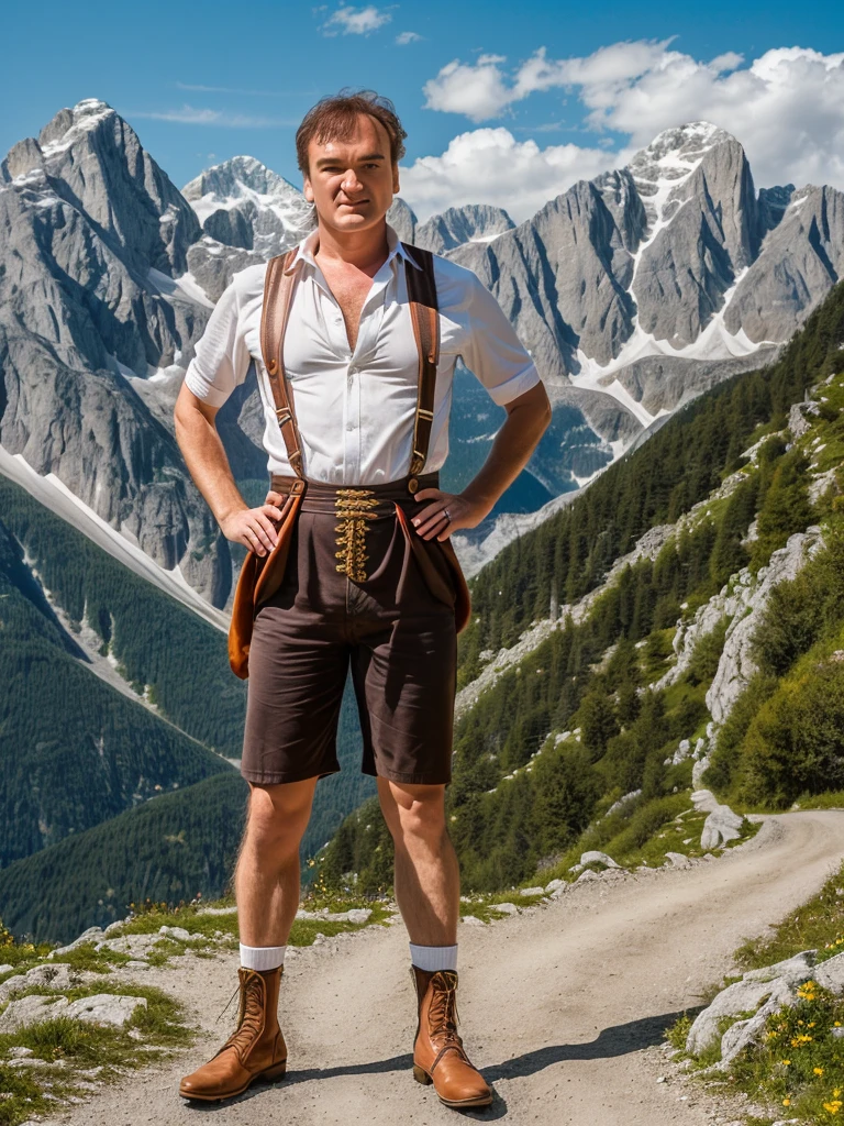 (full body shot, ultra-detailed, best quality, photorealistic:1.37, 4k, realistic, portrait, photography, Quentin Tarantino, iconic pose, dressed with Tyrolean lederhosen costume shorts, detailed facial features, Alps in the background, vibrant colours, 35mm)