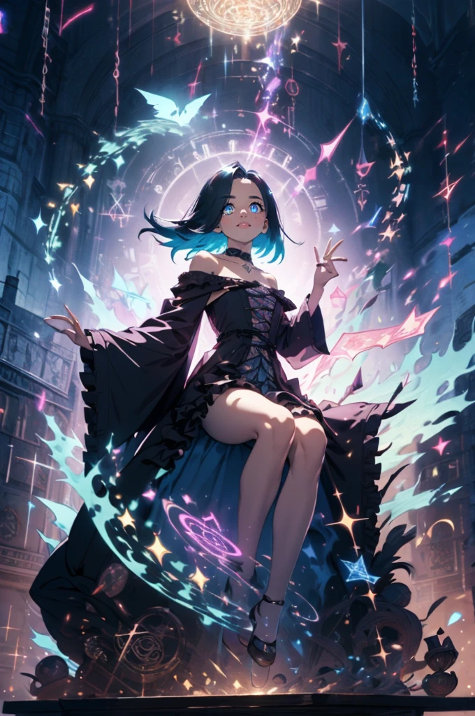 (masterpiece, best qualtiy, high resolution, solo, :1.4)(full body, Complicated details, 4K, golden ratio composition) ((medieval victorian aesthetic, scenary dark fantasy world, perfect ???????, gacha splash art, photorealism, dynamic pose, action shot, cinematic angle))(Cinematic lighting, Ray tracing, warm shadows, dark night lighting, aesthetic, romantic, tarot card) (beautiful adult woman, perfect ???????, perfect hands, detailed slim long body :1.2) (short pointed ears, small head :1.3) (middle parted hair, parted bangs Tucked Behind pointed Ears, short hair :1.4) (short shoulder-length haircut, lush straight hair, styled loose hair, dark blue hair, bangs Behind pointed Ears :1.2) pale skin (glowing beautiful detailed eyes, very light eyes color, pale blue eyes :1.1) plump lips, low-set straight eyebrows, glare on eyes, downturned rounded eyes ((half-closed eyes, relax, intelligent, posing, elegant, noble, aristocrat)) ((sitting, gesture)), (black gothic lolita's dress, victorian all-Black dress, puffy off shoulders dress, windy frilly knee-length dress, flared dress with layered frills, black see-through sleeves of dress, full skirt of the dress, bare collarbones :1.5) black choker (oversize long jacket slipped off the shoulder, victorian pirate jacket fluttering behind back, coat made of purple|blue|cyan patches :1.4) complex background, (dark forest and starry night sky on background, library :0.9) on background is a holographic large intricate magic schemes, (behind the bust of character geometrically correct holographic magic_circle made of triangle-shaped non-existent runes, constellations transparent crystalline magic aura with glowing holographic counters, sharp abstract purple|cyan|red geometric particles on background, magical sigils, esoteric symbols, smile :0.9) academic wizard, scientist, WitchcraftPunkAI