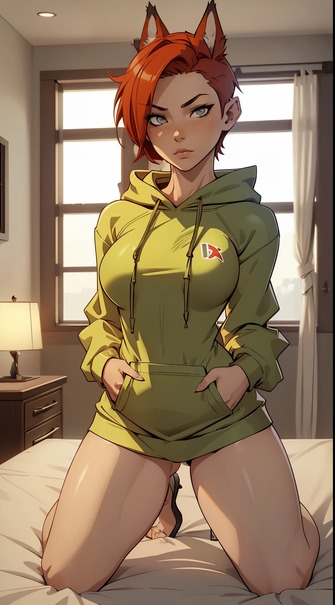 1girl, full body, ager, solo, (short pixie cut Hair, undercut red hair: 1.28), ((light gray eyes)), some small freckles, (dark fox ears: 1.35), pale skin, large breasts, (thin hips, thin waist , athletic body: 1.25), simple background, looking away, (wearing a big oversized lime green hoodie: 1.5), kneeling on a bed, in a bedroom, masterpiece, best quality,3d rending work ,3DMM style, close-up, portrait, 3D,