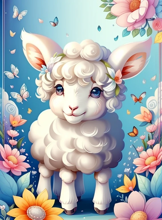 (cute lamb smiling with flowers and butterflies), Munchkin ,Geometric multidimensional wall portrait, livro de arte, Tchibi,
Yang08k, Beautiful, Colouring,
Obras, of the highest quality, best quality, Arte Oficial, Beautiful and Aesthetic,