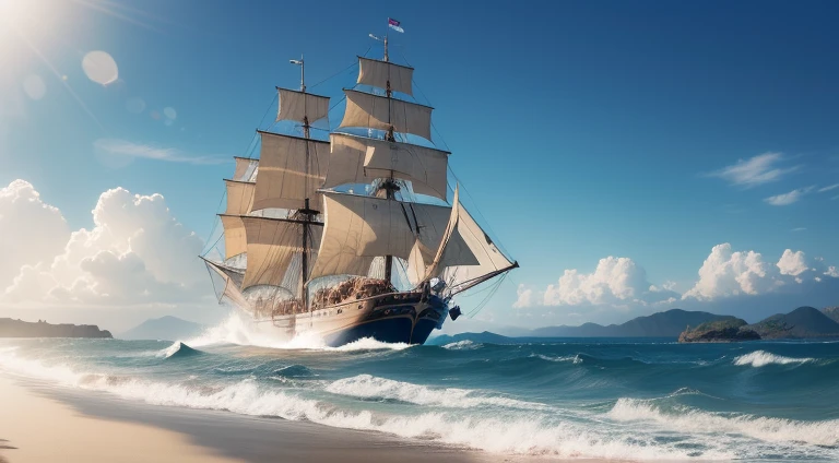 In the middle of nowhere,The majestic pirate ships are like hideous beasts,Break the waves。Their canvas hunts in the wind,It seems to speak of their indomitable will and endless courage。The hulls of these pirate ships are carved with various mysterious symbols,Exudes a mysterious and awe-inspiring aura。sun shining through clouds,Sprinkle on the sea,Patches of golden light are formed。