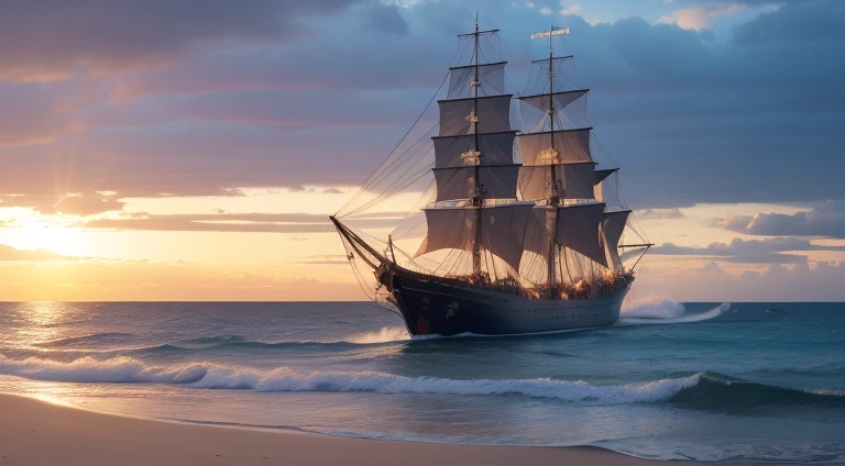 In the middle of nowhere,The majestic pirate ships are like hideous beasts,Break the waves。Their canvas hunts in the wind,It seems to speak of their indomitable will and endless courage。The hulls of these pirate ships are carved with various mysterious symbols,Exudes a mysterious and awe-inspiring aura。sun shining through clouds,Sprinkle on the sea,Patches of golden light are formed。