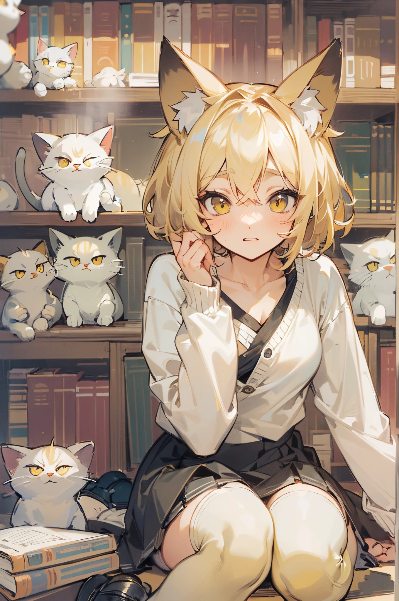 ((best quality)), ((masterpiece)), ((detailed)), ((perfect face)), cat ears, mature, small breasts, shy, sitting, full body, blonde hair, short hair, yellow eyes, skirt, cardigan, tank-top, white thigh-highs, black dress shoes, bedroom, bookshelf, stuffed animal