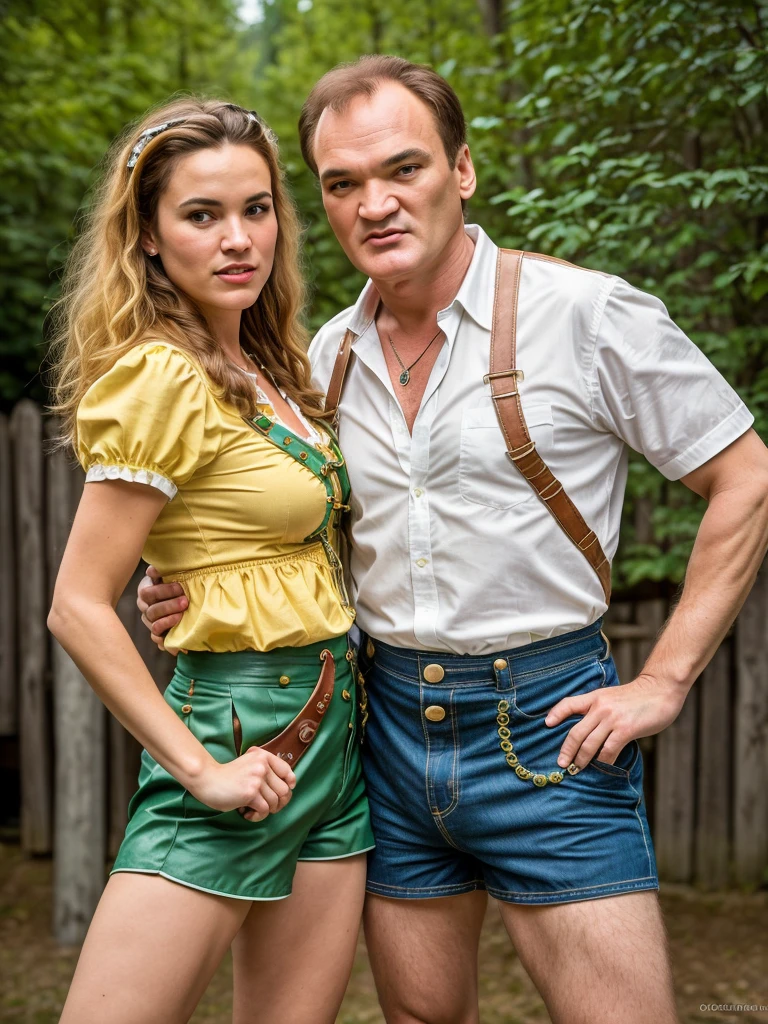 (full body shot, ultra-detailed, best quality, photorealistic:1.37, 4k, realistic, portrait, photography, Quentin Tarantino, iconic pose, dressed with Tyrolean lederhosen costume shorts, detailed facial features, vibrant colours, 35mm)