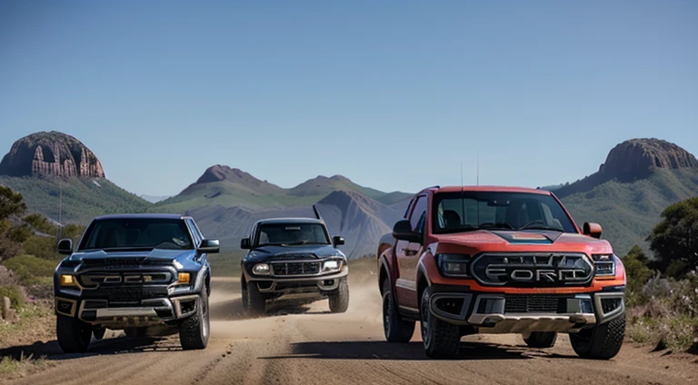 2023 ford raptor in the centre with 1983 ford ranger on the left and 1951 ford ranger on the right in front of mulanje mountain