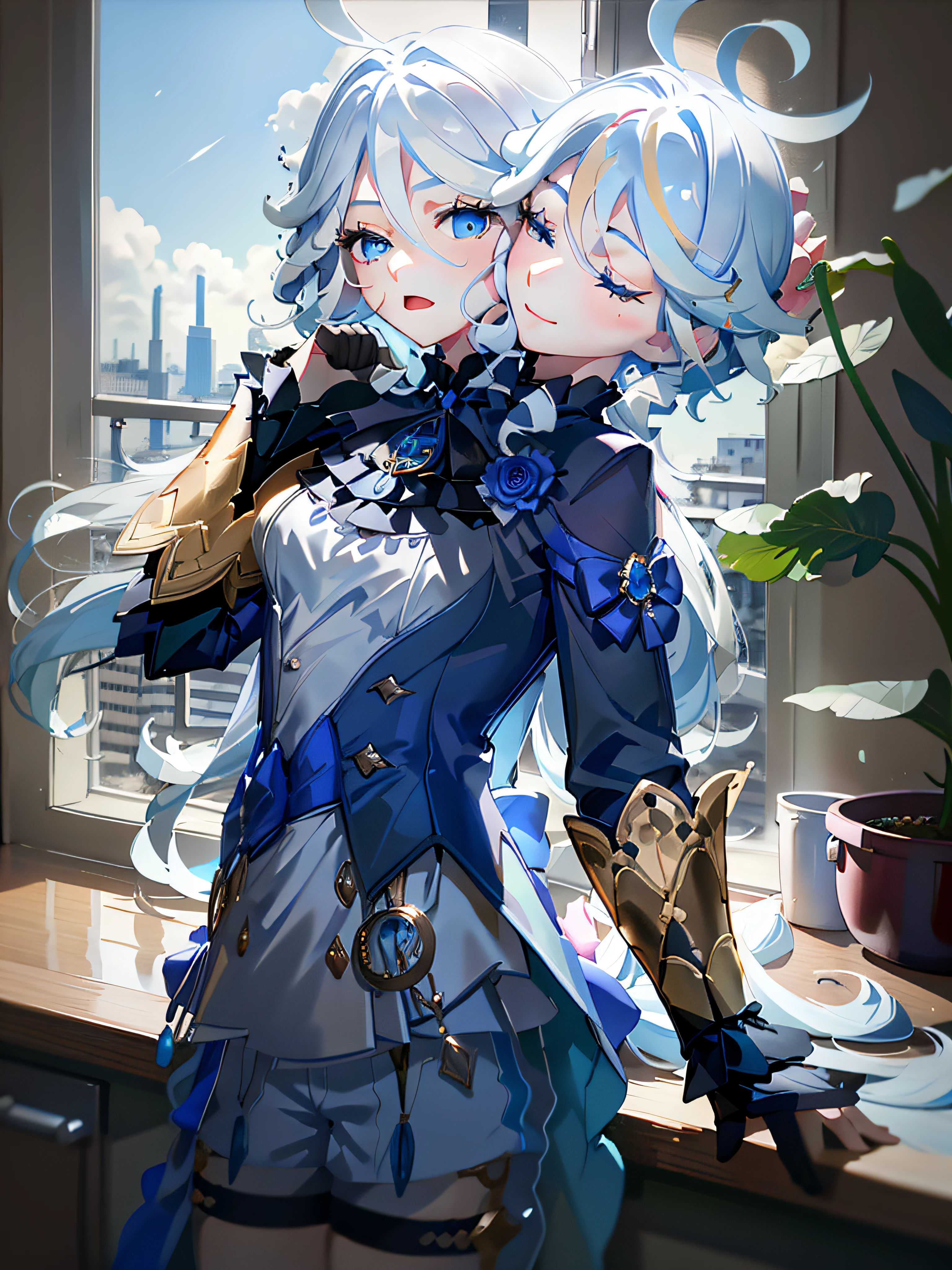 (masterpiece, best quality), best resolution, (2heads:1.5), 1girl, furina character, singing, weary, extremely long hair, hangover, blue-white hair, light blue eyes, black eyebrow, one eye closed, open mouth, light blue t-shirt, tan pants, hand on forehead, apartment kitchen, tilted headwear