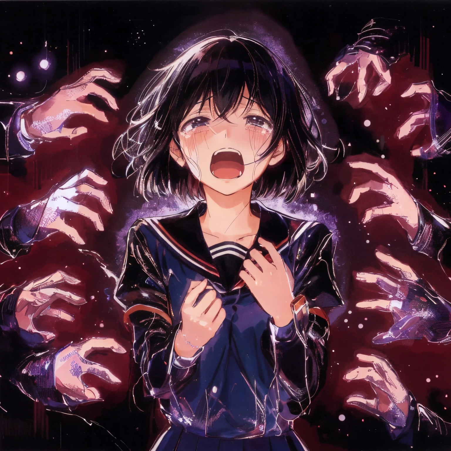 in the style of Chi no Wadachi, manga style, a girl wearing a school uniform reaching hand, crying, distraught face, surrounded by darkness, black hair, her face scribbled out, ((wide shot)), ((centered)), ((distanced)), ((in the distance surrounded by darkness)), head tilted up, ((perfect eyes))