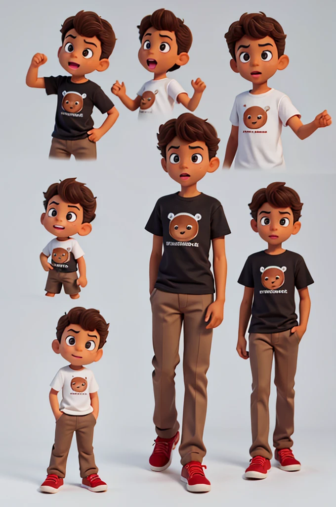 /imagine [one , light brown-skinned boy, curly sandy brown hair, black eyes], [pixar styled character], multiple expressions of charcater, at least 10 and poses, character sheet, [grey t-shirt, red pants grey shoes]