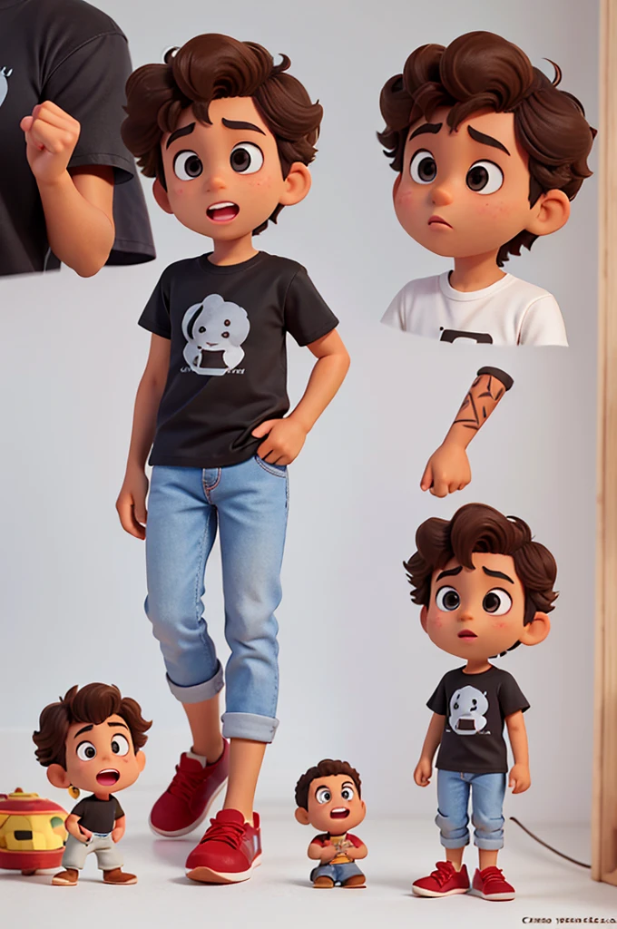 /imagine [one years old, light brown-skinned boy, curly sandy brown hair, black eyes], [pixar styled character], multiple expressions of charcater, at least 10 and poses, character sheet, [grey t-shirt, red pants grey shoes]