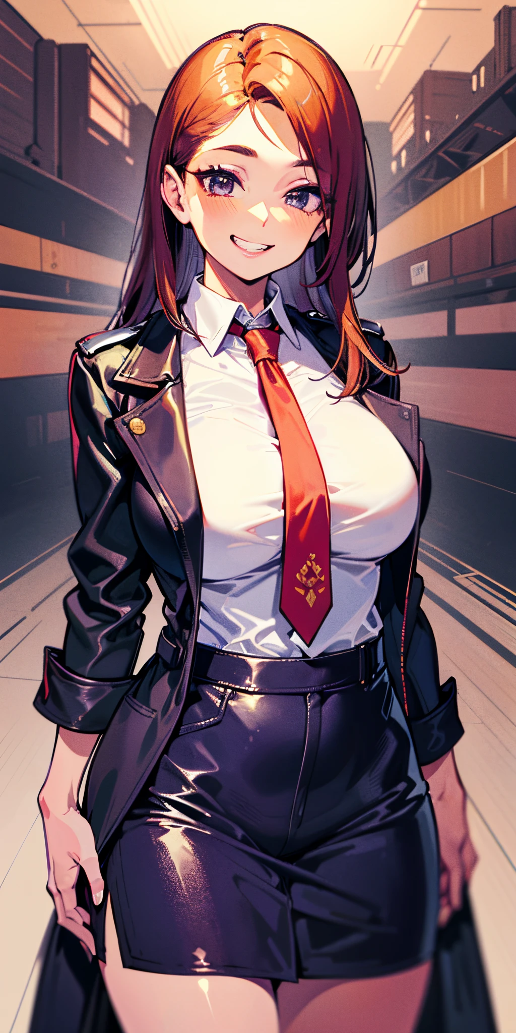 (Masterpiece: 1.6, Best Quality), (Fine and Beautiful Eyes: 1.2), (Overhead), High Quality, Beautiful Face, 1girl, Leather Tight Skirt, Extra Large Leather Jacket, Big Tits, Long Hair, Wide Hips, (Landscaped), Street, Background, Detail Background, Spooky Grin, Angled Laughter at the Corners of Mouth, Long Coat, Shirt, Tie, Office Lady, Mature