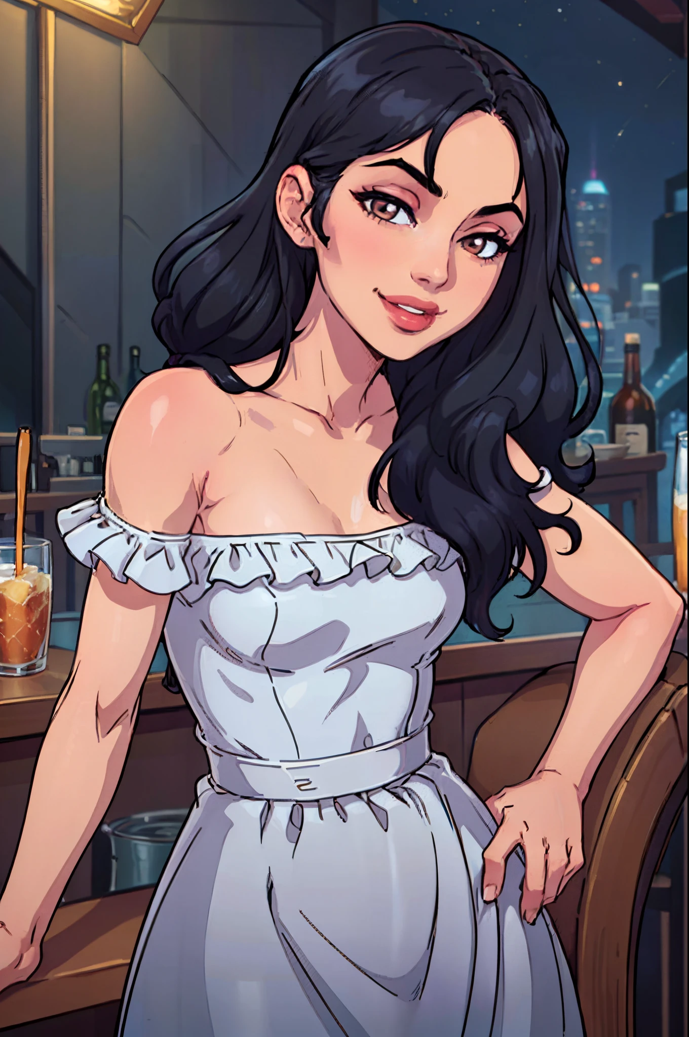 (masterpiece, official art), 1girls, solo, black hair, dark brown eyes, long messy hair, light blue sundress, (closeup), portrait, (small breasts, slender, flat chest), (at bar, indoors, at night), looking at viewer, (upper body), smile, seductive, alluring attire