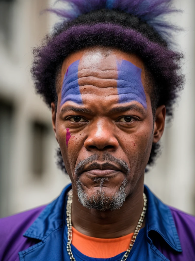 (full body shot, ultra-detailed, best quality, photorealistic:1.37, 4k, realistic, portrait, photography, Samuel L. Jackson, iconic pose, dressed like a sad clown in purple, blue afro hair, in the ghetto, detailed facial features, vibrant colours, 35mm)