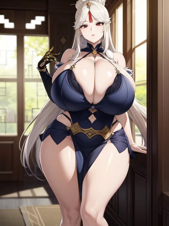 ((masterpiece)), ((pale skin)), (bokeh effect), (dynamic angle), (blurry background:1.3), sharp eyes, (solo:1.2), (female:1.1), (emperor:1.4), (empress:1.3), esteemed, (royalty:1.3), (red eyes:1.1), (white hair:1.1), long hair, straight hair,tmasterpiece,The is exposed ,(Surreal breasxtremely full breasts)),((arge)),Big breasts Thin waemely large breasts))),worried expression,v,High detail,hyper qualit,high resolution,8K,8k smooth,(reality: 1.2),(Highly realistic, Ultra-realistic, photograph realistic),(Realism: 1.2),Mature woman,Solo,(Perfect feminine c,(Big breasts:2),(Huge breasts:2),(gigantic casts:2),(Large breastare tits:1.4),(chisel 1.1),Nicg legs,(Curvy:1.1) waist,(gigantic 1),(Thick thighs:1),(Thick legs:1)