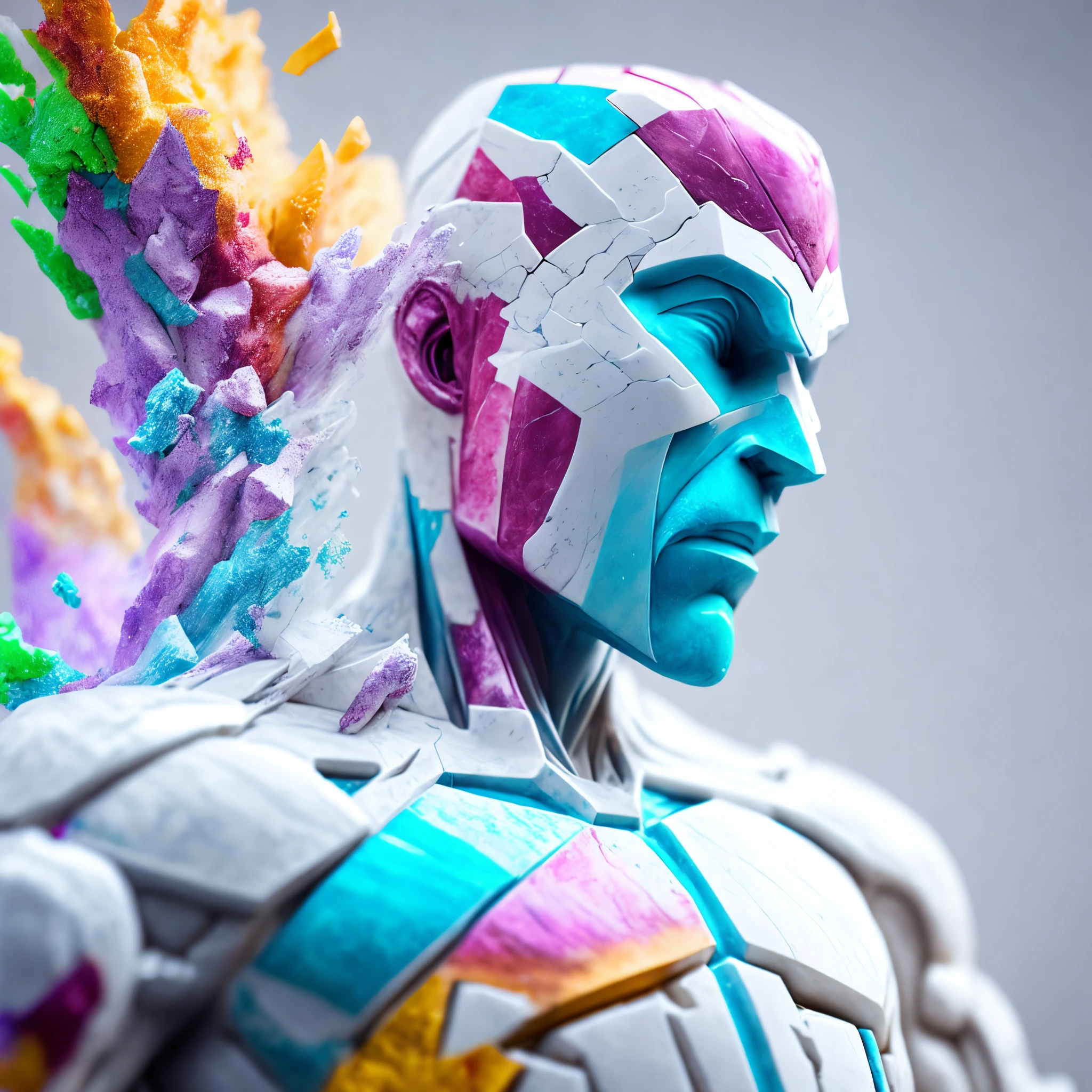 Close-up (multi coloured marble man with a broken face from Marvel in marble style: 1.3) emerging from the marble world, well detailed, sparks, flying debris, volumetric light