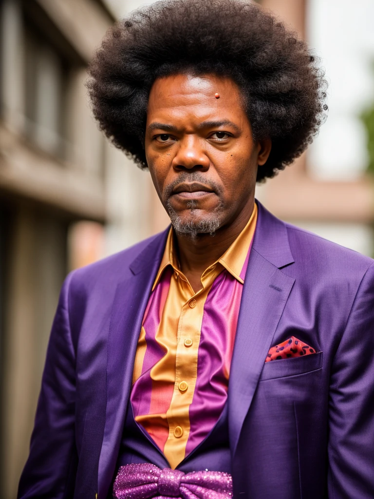 (full body shot, ultra-detailed, best quality, photorealistic:1.37, 4k, realistic, portrait, photography, Samuel L. Jackson, iconic pose, dressed like a sad clown in purple, clown makeup, huge afro hairstyle, in the ghetto, detailed facial features, vibrant colours, 35mm)