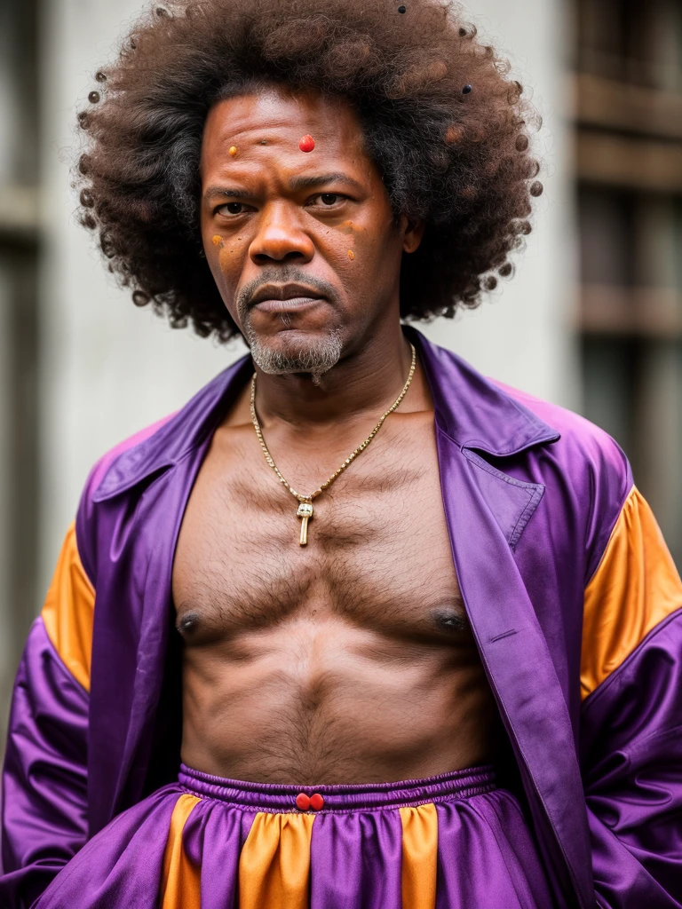 (full body shot, ultra-detailed, best quality, photorealistic:1.37, 4k, realistic, portrait, photography, Samuel L. Jackson, iconic pose, dressed like a sad clown in purple, clown makeup, huge afro hairstyle, in the ghetto, detailed facial features, vibrant colours, 35mm)