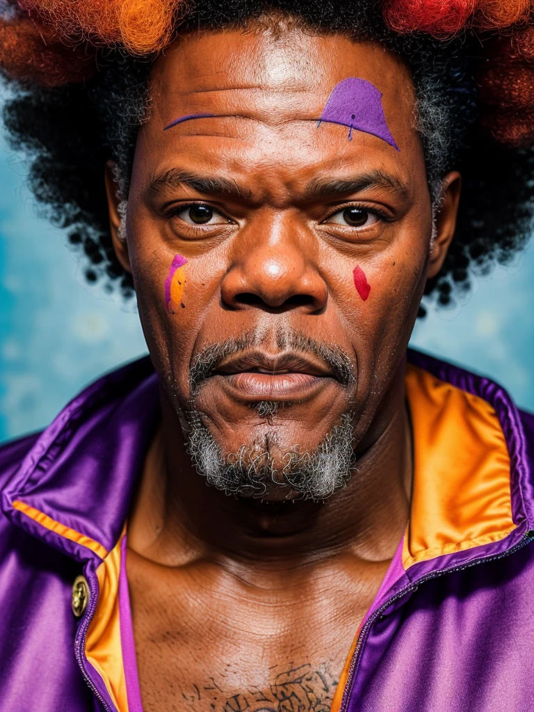 (full body shot, ultra-detailed, best quality, photorealistic:1.37, 4k, realistic, portrait, photography, Samuel L. Jackson, iconic pose, dressed like a sad clown in purple, clown makeup, huge afro hairstyle, in the ghetto, detailed facial features, vibrant colours, 35mm)