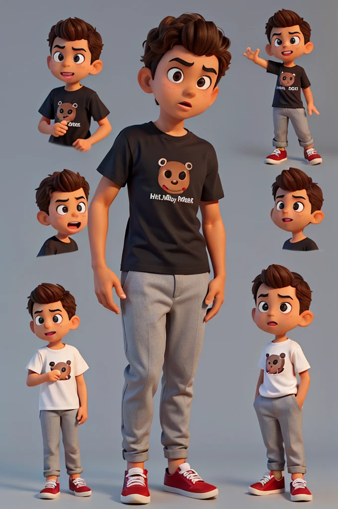 /imagine [small, one years old, light brown-skinned boy, curly sandy black hair, black eyes], [pixar styled character], multiple expressions of character, multiple poses, character sheet design, [grey t-shirt, red pants grey shoes] k on t-shirt,