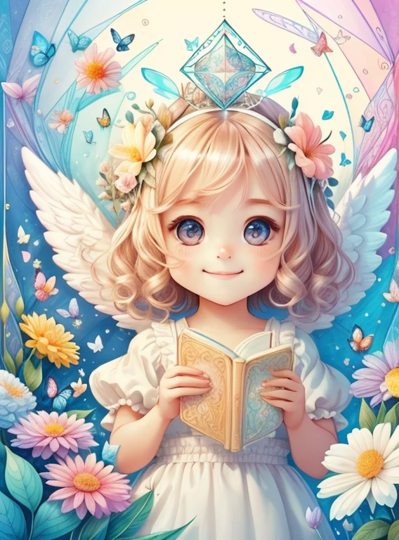 (cute angel smiling with flowers and butterflies), Munchkin ,Geometric multidimensional wall portrait, livro de arte, Tchibi,
Yang08k, Beautiful, Colouring,
Obras, of the highest quality, best quality, Arte Oficial, Beautiful and Aesthetic,