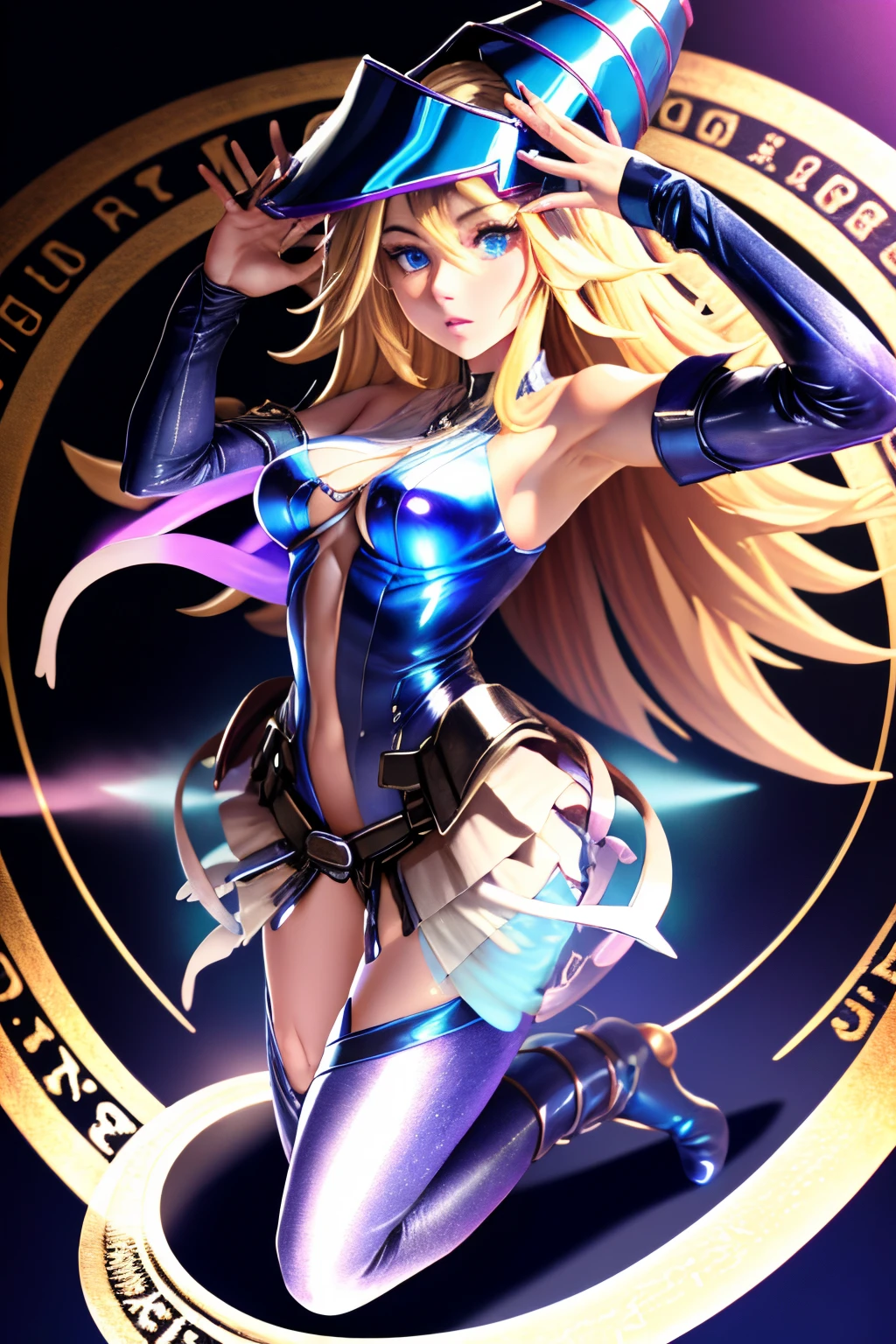 ultra-detailed, extremely detailed, masterpiece, highest quality, best quality, absurdres, highres, dark magician girl, (1girl:1.2), solo, detailed face, dynamic pose, hair flow, (full body:1.1),  blonde hair, long hair, looking at viewer, green eyes, skindentation, detailed skin, skin pores, (shiny skin, glossy skin:1.1), rosy skin details, breasts, nail polish, skirt, blue footwear, blue headwear, wizard hat, wand, holding hat, (blue panties:0.9), (summoning circle:1.1), hexagram, pentacle, pentagram, yu-gi-oh!, duel monster, purple magic field, glow, detailed background, intricate background,