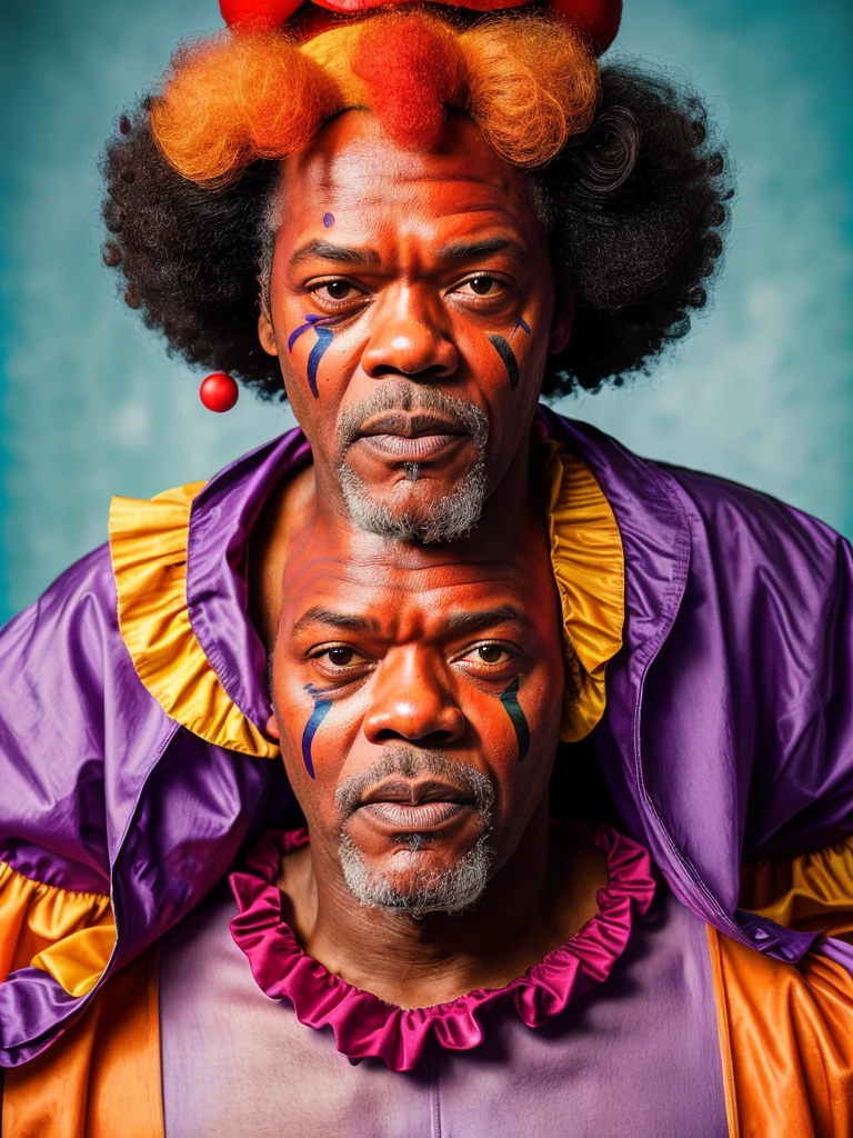 Hyperrealistic image of two elderly African American smiling superheroes clowns bodybuilders with rainbow hair hugging and very sweaty over 80 years old very muscular and fat Over 200 kilos with a bare torso large and flaccid pectorals brown nipples and big rainbow mustaches with huge arms tattooed men surrounded by many balloons dressed in colorful argyle clown pants and a huge rainbow afro wig on their head..