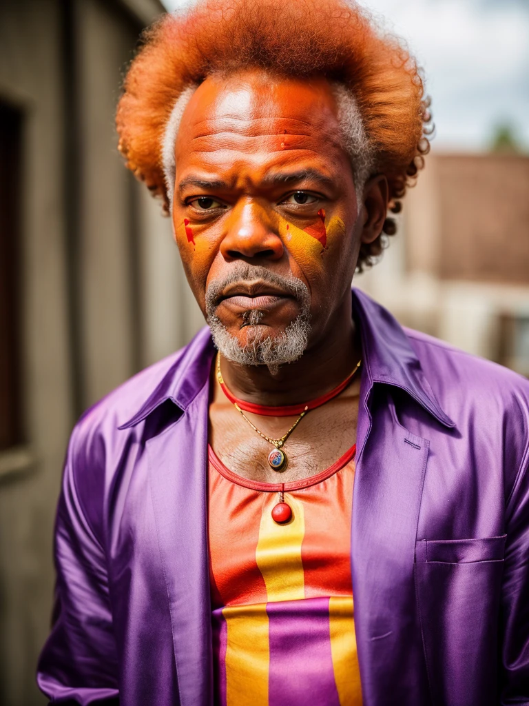 (full body shot, ultra-detailed, best quality, photorealistic:1.37, 4k, realistic, portrait, photography, Samuel L. Jackson, iconic pose, dressed like a sad clown in purple, clown red nose, clown makeup, clown papillon, gigantic afro hairstyle, in the ghetto, detailed facial features, vibrant colours, 35mm)