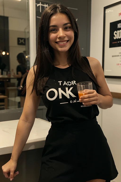 en una mano, a normal large glass filled with dark liquid and in the second hand, making the sign "ok", a girl smiling with good clothes
