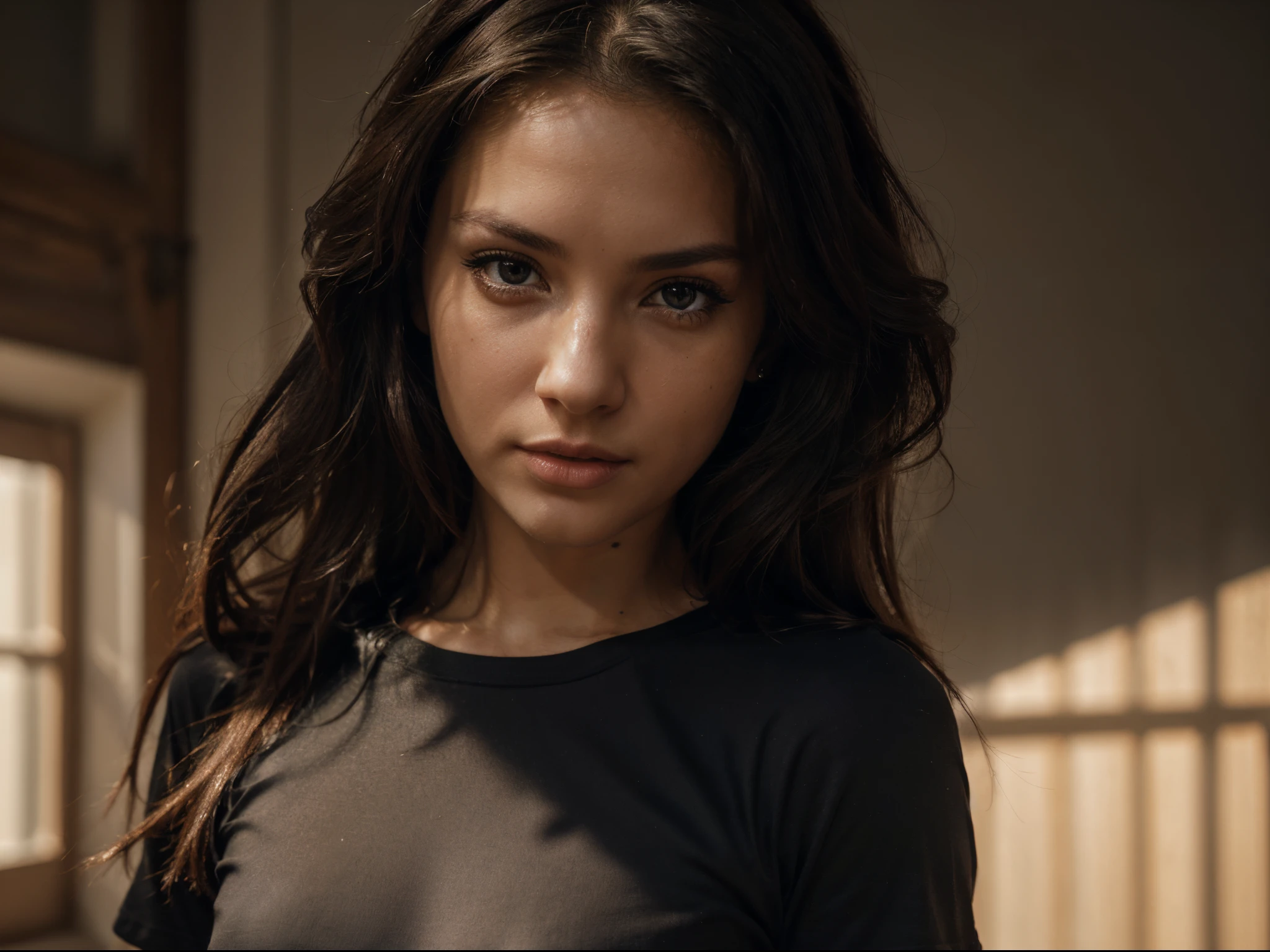 photo of (CyberDutch_V2:0.99), a woman as a sexy t-shirt model, modelshoot style, shown from the waist up (extremely detailed CG unity 8k wallpaper), photo of the most beautiful artwork in the world, professional majestic (photography by Steve McCurry), 8k uhd, dslr, soft lighting, high quality, film grain, Fujifilm XT3 sharp focus, f 5.6, High Detail, Sharp focus, dramatic, (wearing a solid black t-shirt), (looking at viewer:1.2), (detailed pupils:1.3), (natural light), (closeup:1.2), (seductive)